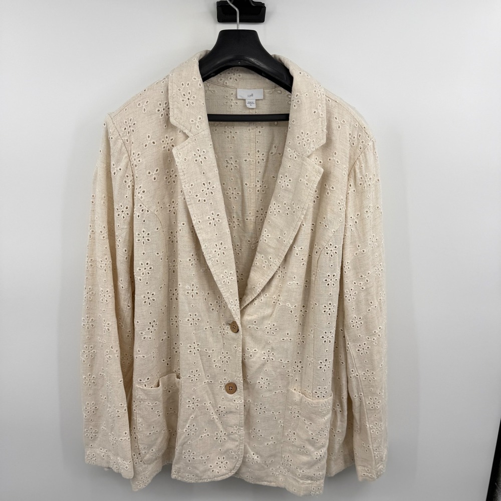 J. Jill Women XL Tan Eyelet Linen Blend Blazer Jacket preppy